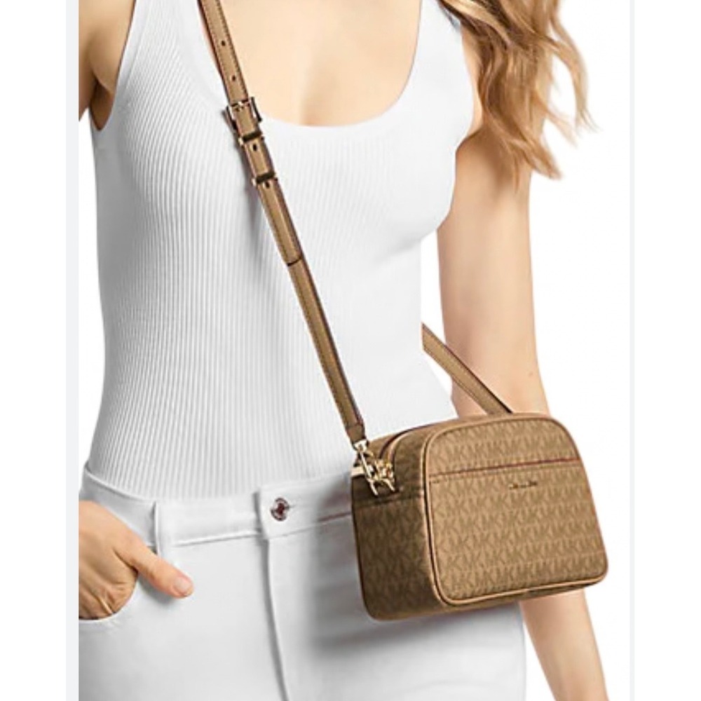 Michael Kors Jet Set Small Camera Crossbody Bag Husk Logo Canvas 32F5GJ6C5V NEW‎